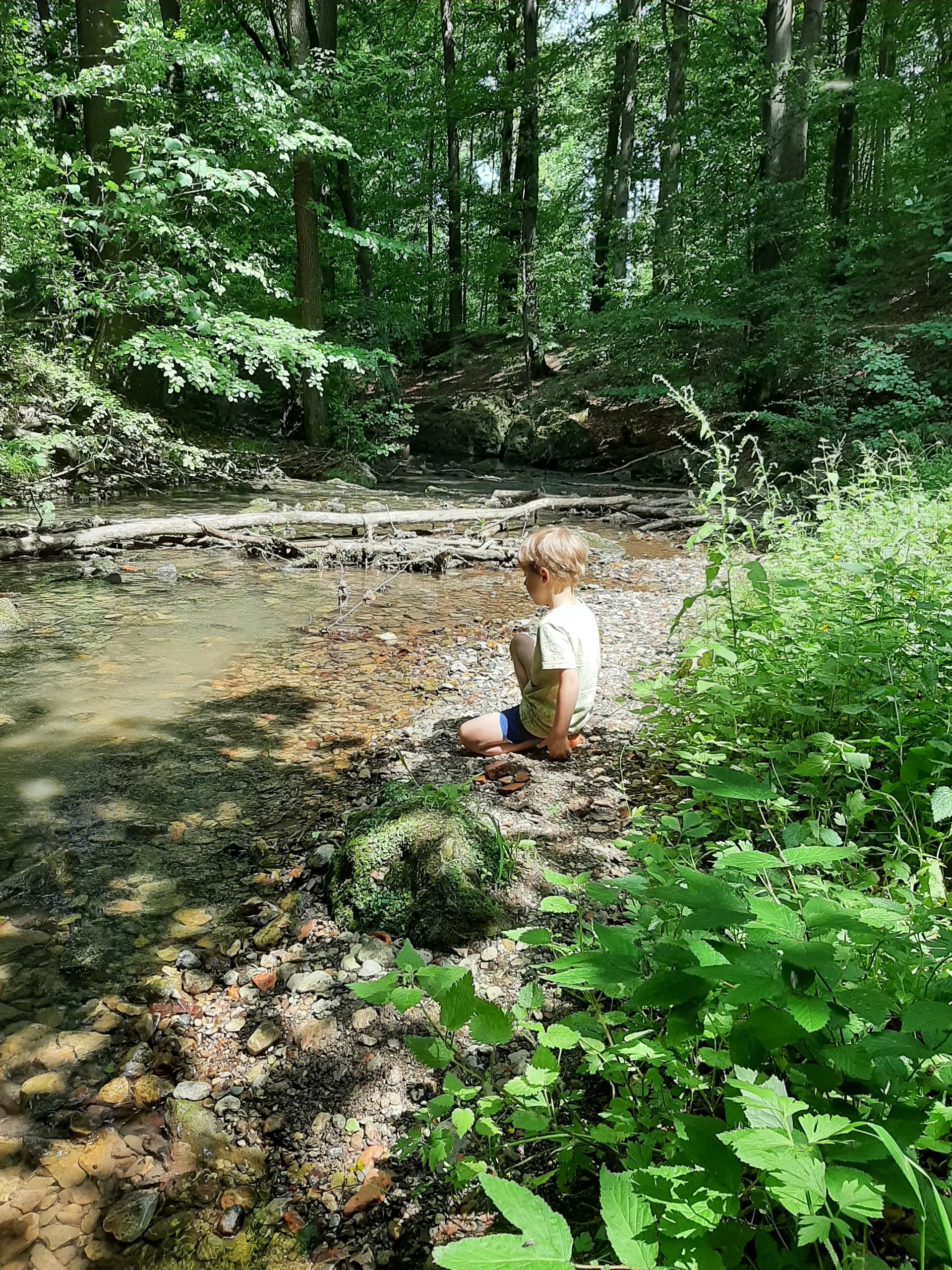 Ein Kind kniet allein an einem Bach im Wald | © Anette Joos